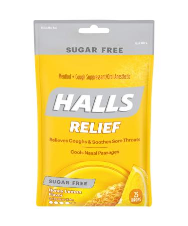 HALLS Relief Sugar Free Honey-Lemon Flavor Cough Drops, 1 Bag (25 Total Drops)