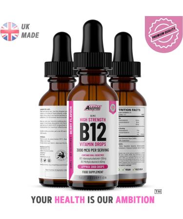 High Strength Vitamin B12 Liquid Drops 3000mcg - Vegan Friendly 60ml - Sublingual Dual Action for Fast Absorption - Buy Online on GoSupps.com