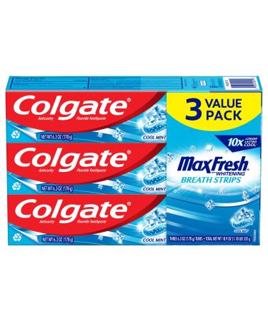 Colgate Max Fresh with Whitening Toothpaste with Mini Breath Strips, Cool Mint Toothpaste for Bad Breath, 6.3 Oz Tube. 3 Pack Cool Mint (Breath Strips)