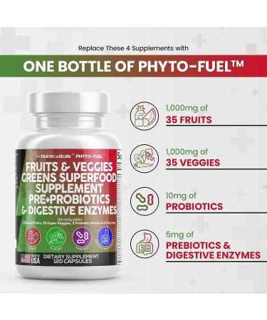 Reds & Greens Superfood Supplement - 120 Ct Capsules with 70+ Fruit & Vegetable Extracts, Probiotics, Prebiotics, Digestive Enzymes, Spirulina - Made in USA - Buy Online on GoSupps.com