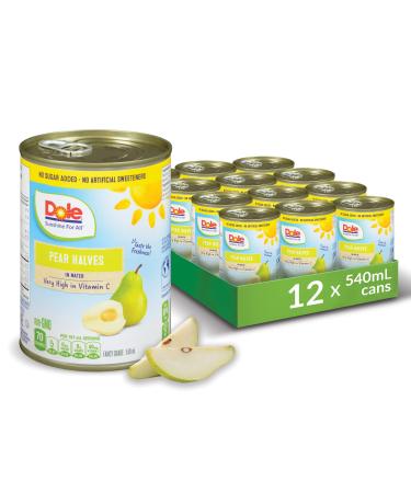 Dole Canned Fruit Pear Halves in Water Non-GMO No Sugar Added & No Artificial Sweeteners 540 ml 12 Count Pear Halves 540ml