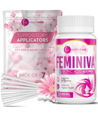 HealthFare Boric Acid Vaginal Suppositories - 600mg - Feminiva - Vegan Intimate Health Support - 100% Pure Made in USA - No Artificial Colors