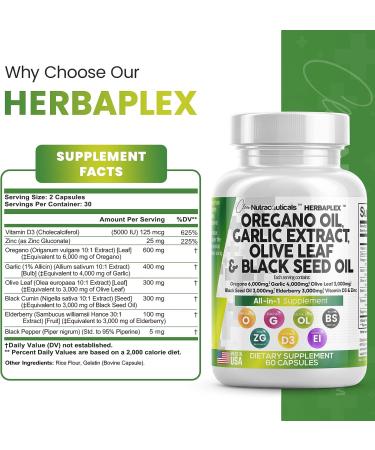 Immune Support & Digestive Health Supplement with Oregano Oil, Garlic Extract, Olive Leaf, Black Seed Oil, Vitamin D3, and Zinc - 60 Caps - USA Made - Buy Online on GoSupps.com
