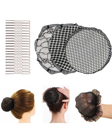 Hair network bun mesh hair networks with an elastic edge for bun reusable with 20 pieces of golden hairpins invisible bun network for women 3 pieces