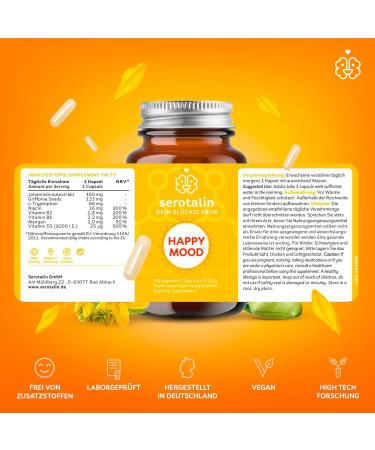 Serotalin Happy Mood Capsules - St. John's Wort Griffonia & L-Tryptophan | Vegan Mood Support with Vitamins & Minerals | 60 Capsules for 2 Months - Caffeine-Free - Buy Online on GoSupps.com