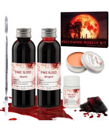 Professional Halloween SFX Special Effects Makeup Kits  Bright Red & Dark Red Fake Blood  Body Scar Wax with Spatula Tool  Stipple Sponge  Prosthetic Adhesive for Clown  Zombie  Vampire Cosplay