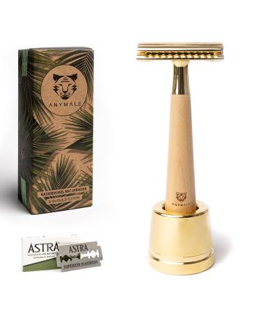 ANYMALE Safety razor with maple wood handle - Set with stand and 5 ASTRA blades - Plastic-free ladies razor