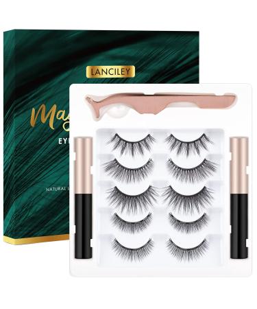 Magnetic Eyelashes with Eyeliner Kit with Tweezers 2 Tubes of Magnetic Eyeliner 5 Pairs Fluffy Magnetic Lashes 3D Natural Look Reusable False Lashes for Makeup Waterproof Easy to Wear No Glue Needed 5 Lashes + 2 Eyeliner