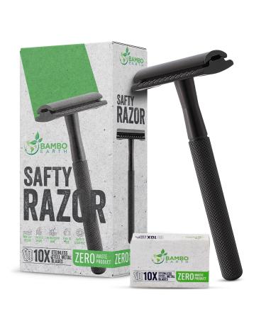Double Edge Safety Razor - Single Shaving Metal Razors With 10 Platinum Coated Stainless Steel Double Edge Blades Reusable Eco And Travel Friendly Saftey Shaver Blade Set Men Women (Black Sinlge) Black - Single