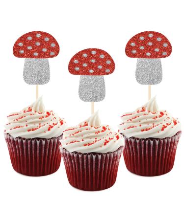 HOKPA Mushroom Cupcake Toppers 24Pcs Cute Mushroom Cupcake Picks for Baby Shower Wedding Forest Plant Mushroom Theme Party Decoration