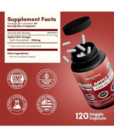 Organic Apple Cider Vinegar with The Mother 1200mg Capsules - Gluten-Free & Non-GMO | 120 Veggie Capsules for Optimum Wellness | Zealthy Life - Buy Online on GoSupps.com