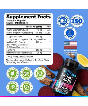 Nitric Oxide Supplement for Men & Women 2250 mg - Nitric Oxide Booster - Pine Bark | L-Arginine | L-Citrulline | Beet Root | Vitamin C & B12 - Muscles Energy & Circulation - Made in USA 90 Capsules - Buy Online on GoSupps.com