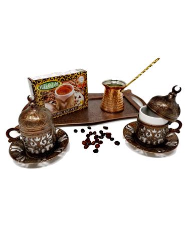 Turkish medium roast Coffee Gift Set for Two with Ground Coffee Perfect Starter Kit Ottoman Style Arabic Kahwa Pot (Copper)