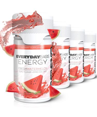 Everyday Basis Energy Shots - Natural B12 Vitamin Energy Shot Bottles with Amino Acids - Made with Monk Fruit Sugar Free and Zero Calories - Includes Four (4) 2oz Watermelon Caffeine Shots