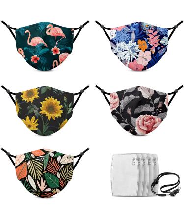 Cloth Masks for Women 5 Pack Face Mask Reusable Washable with Filters Breathable Fashion Face Cover with Adjustable Ear Loops and Nose Wire for Women Girls Indoor Outdoor Activities Floral Cute Design Pattern5