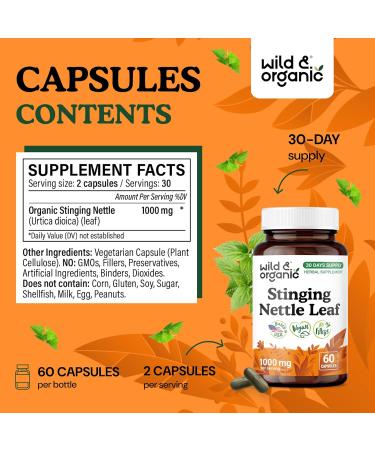 Wild & Organic Stinging Nettle Leaf Capsules - 1000 mg Stinging Nettle Extract for Urinary Support - 60 Vegan Herb Capsules - 30 Days Supply - Non-GMO Gluten-Free No Fillers 60 Count (Pack of 1) - Buy Online on GoSupps.com