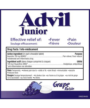 Junior Strength Advil Dye Free Chewable Tablets Grape Flavour 40 Count - Buy Online on GoSupps.com