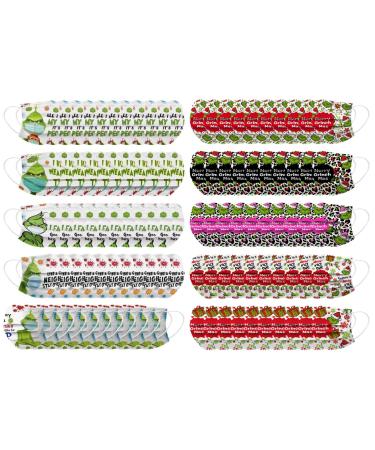 100Pcs Kids Grinch Disposable Face_Mask - Christmas Childrens Face_Mask Assorted Colors Design Boys Girls 3-Ply Face_Covering (Grinch E)