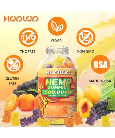 Hemp Gummies HOOLOO Extra Strength 1,500,000mg, 60 Count - Infused with Hemp Oil & Vitamins for Relaxation, Sleep, Stress Relief - Vegan & Made in USA - Grape, Orange, Peach (Pack of 2) - Buy Online on GoSupps.com