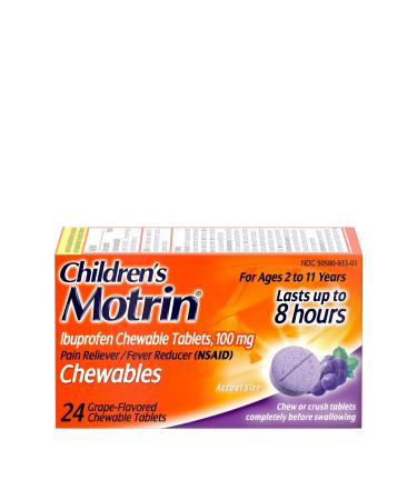 Motrin Children's Chewable Tablets with 100 mg Ibuprofen for Pain & Fever, Grape, 24 Count (Pack of 1)