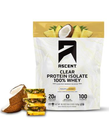 Ascent 100% Clear Whey Protein Powder - Post Workout Whey Protein Isolate Zero Artificial Flavors & Sweeteners Gluten Free 5.5g BCAA 2.1g Leucine Essential Amino Acids Pineapple Coconut 20 Serv Pinapple Coconut 18.3