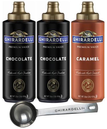 Ghirardelli Sauce Squeeze Bottles 2-16 oz Chocolate 1-16 oz Caramel (Pack of 3) with Ghirardelli Stamped Barista Spoon