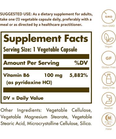 Solgar Vitamin B6 100 mg - 250 Non-GMO Vegetable Capsules for Energy & Mood - Buy Online on GoSupps.com
