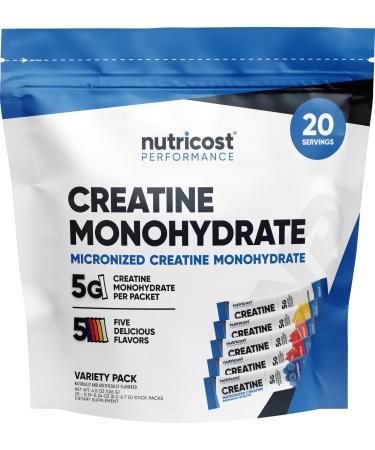 Nutricost Creatine Monohydrate Powder Variety Stickpacks (5 Flavors 20 Servings) - Micronized 5 Grams of Creatine Monohydrate Per Pack