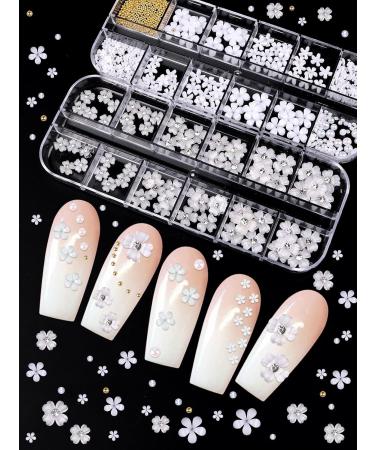 3D White Flower Nail Charms - Lorvain 24 Grid Nail Art Decoration with Golden Beads for DIY Manicures & Jewelry | International Shipping Available - Buy Online on GoSupps.com