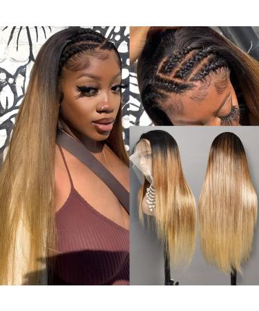 FULFILDRM 13x6 Highlight Ombre Lace Front Wig Human Hair  Pre Plucked OT4/30/27 Colored Honey Blonde Lace Front Wig with Baby Hair  180% Density HD Transparent Straight Human Hair Wigs (20 inch) 20 Inch 13x6 Ombre Straig...