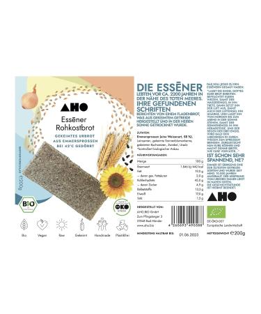 Buy AHO Ess ner Raw Food Bread 200g | Germinated Emmer Cereal | Organic Sprouts | Plastic-Free Packaging | Healthy International Shipping - Buy Online on GoSupps.com