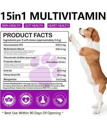 15-in-1 Multivitamin Vitamins Supplements for Dogs Hip and Joint Skin Coat Skin Health Gut Health Heart Health for Small Medium and Large Dogs 150 Chews with Duck Flavour - Buy Online on GoSupps.com