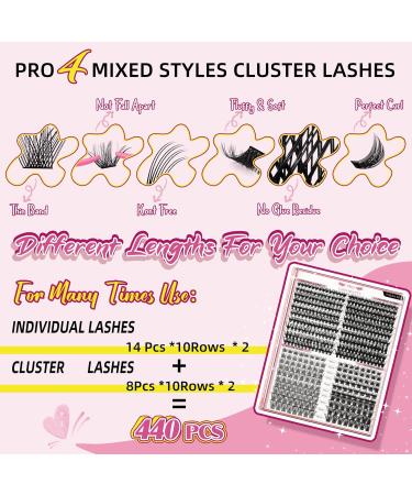 PRO 440 Pcs Cluster Lashes 4 Styles Lash Clusters DIY Eyelash Extension 30D 40D Individual Lashes Thin Band Easy to Apply at home Lashes(4 Styles 8-16mix) 8-16 mix 4 Styles (440 Pcs) - Buy Online on GoSupps.com