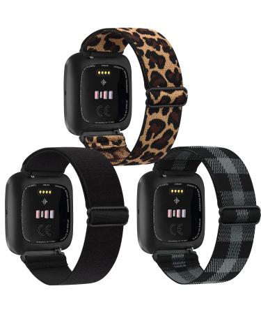 Amzpas 3 Pack Adjustable Elastic Watch Bands Compatible with Fitbit Versa 2/Versa/Versa Lite Special Edition Soft Stretchy Loop Bracelet Women Men Replacement Wristbands for Fitbit Versa 2 Smart Watch Black, Leopard, Black…