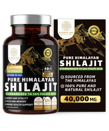 Pure Himalayan Shilajit Supplement for Men and Women, 40,000MG, Max Strength Contains 50% Fulvic Acid with Over 85 Trace Minerals to Support Energy, Brain and Immunity, 120 Veg Caps