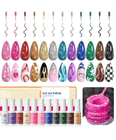 beetles Nail Art Gel Liner Polish 12 Colors Reflective Glitter Gel Nail Polish Gold Silver Pink Blue Purple Brown Black Gel Kit Soak Off Uv Nail Art Design Set DIY Spring Manicure Gifts for Women Star is Born
