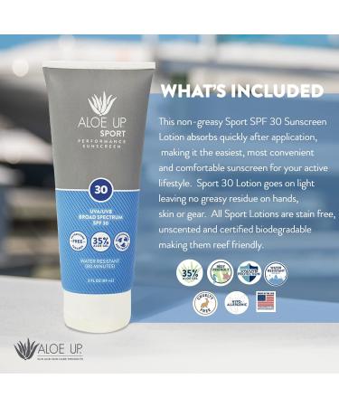Aloe Up Sport Sunscreen Lotion SPF 30 - Broad Spectrum UVA/UVB Sunscreen Protector for Face and Body - With Hydrating Aloe Vera Gel - Non-Greasy - No White Cast - Reef Safe - Fragrance-Free - 3 Oz. - Buy Online on GoSupps.com