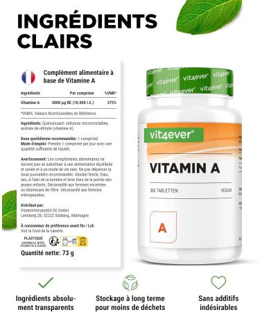 Vitamin A - 10 000 IU (3000 g) - 365 Tablets - Alternative to Capsules - High Dosed Retinyl Acetate - No Additives - Eyes Skin Immune System - Vegan - Buy Online on GoSupps.com