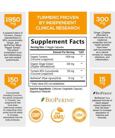 Turmeric Curcumin with Bioperine Ginger 1950mg - Natural Joint Support for Healthy Inflammation - 95% Curcuminoids - Max Potency - 120 Capsules - Buy Online on GoSupps.com