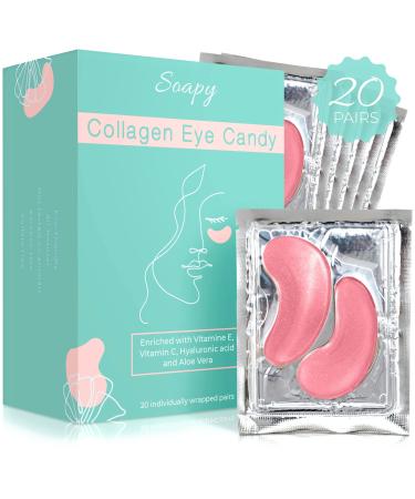 Soapy Skincare Collagen Eye Candy Anti-Aging Eye Masks (Set of 20) - Under-Eye Gel Pads for Dark Circles and Puffiness - Hyaluronic Acid Vitamin C Aloe Vera - Anti-Wrinkle Brightening Patches Pink