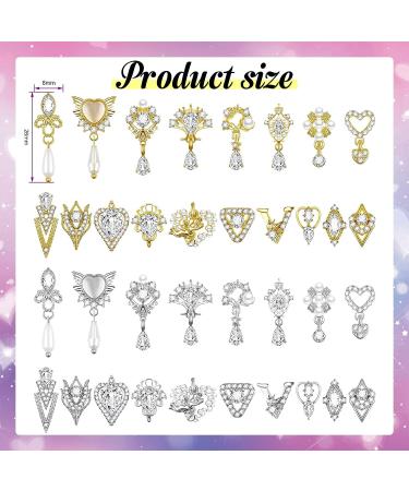 36 Pieces Heart Nail Art Rhinestone Charms - 3D Dangle Gems for DIY Nails - Gold & Silver Options - 18 Styles Available - Buy Online on GoSupps.com