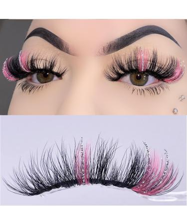 Miss Kiss 1 Pair Lashes with Pink Color Silver Glitter Manga Sparkly Highlight Lash Fairy Soft False Eyelash Fluffy Faux Mink Eyelashes 18 MM Pink-Pink