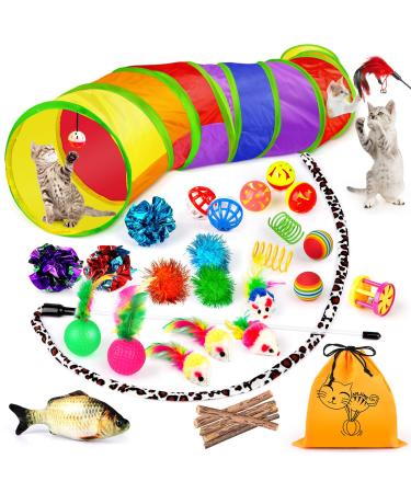 32 PCS Cat Toys Kitten Toys, Variety Catnip Toys with Rainbow Tunnel Interactive Cat Feather Teaser Fluffy Mouse Crinkle Balls Spring Toy Set for Cat, Kitty