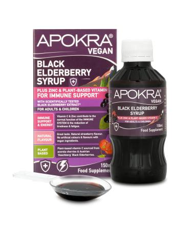 Elderberry Syrup Acerola Cherry Vitamin C and Zinc for Adults & Kids | Big Bottle 150ml | Immune System Booster | Natural Strawberry Flavour | Vegan | Plant Based VIT C | APOKRA