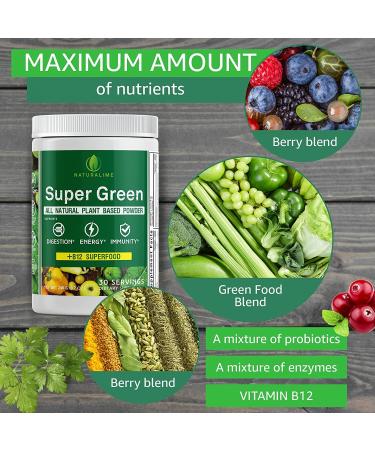 Naturalime Super Greens Powder - Whole Foods Blend with Spirulina, Chlorella, Vitamin B12 - Vegan Drink & Smoothie Mix with Enzymes, Probiotics, Acai Berry & Camu Camu - Buy Online on GoSupps.com