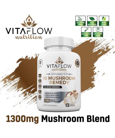 VITAFLOW 10 Mushroom Remedy- 60 Capsules with Lion's Mane, Reishi, Shiitake - Brain Boosting Immune Support - Buy Online on GoSupps.com
