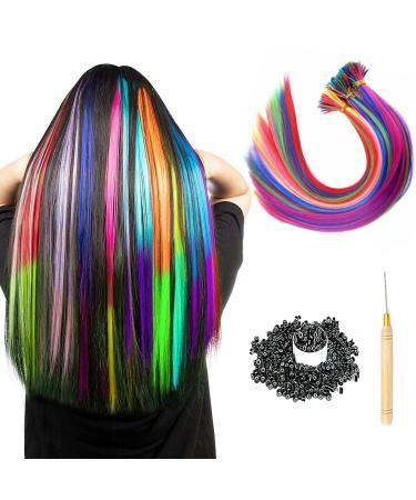 OTO BELLA 90-100Pcs Rainbow Hair Extensions 21Inch I Tip Colored Hair Extensions Kit Colored Hairpieces for Women Kids Gift Cosplay Dress Up Party Highlights(10 Colors Contains Hair Extension Tools)