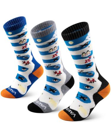 WEIERYA Kids Ski Socks Merino Wool, Thermal Snow Socks, Knee-high Wool Socks for Boys and Girls, 1/3 Pairs Blue Black Grey 3 Pairs Medium