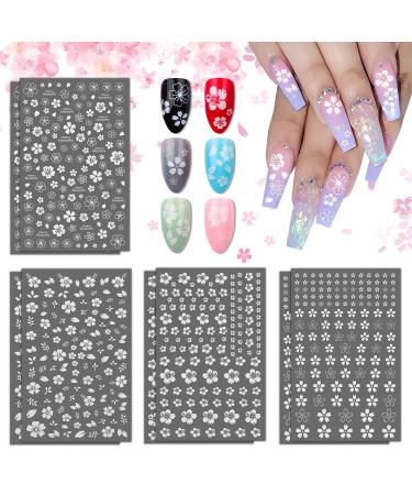 Flower Nail Stickers Decals White Cherry Blossom Stickers EBANKU 8 Sheets Self-Adhesive White Flower Stickers for Acrylic Nails Designer Nail Art Stickers Supplies for Woman Girl