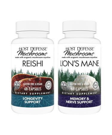 Host Defense Bundle with Reishi Capsules 60 Count & Lion's Mane Capsules 60 Count - Support Heart & Immune Health - Support Brain Health Memory & Focus*